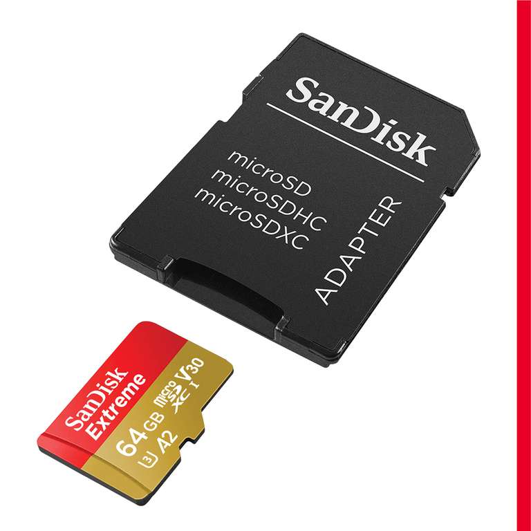 SanDisk Extreme microSDXC UHS-I Speicherkarte 64 GB + Adapter; A2, C10, V30, U3, 170 MB/s Übertragung, 80MB/S schreiben