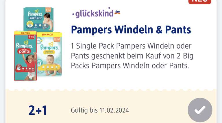 DM Coupon Pampers 2+1 Aktion + 33fach + 15 fach Payback (Freebies durch Prämien Pampers App möglich)