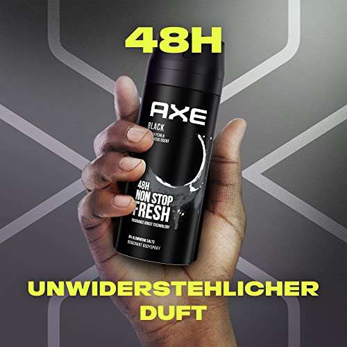 4x Axe Bodyspray Black Deo ohne Aluminium bekämpft geruchsbildende Bakterien und unangenehme Gerüche 150 ml - für 5,81€ (Amazon Prime)