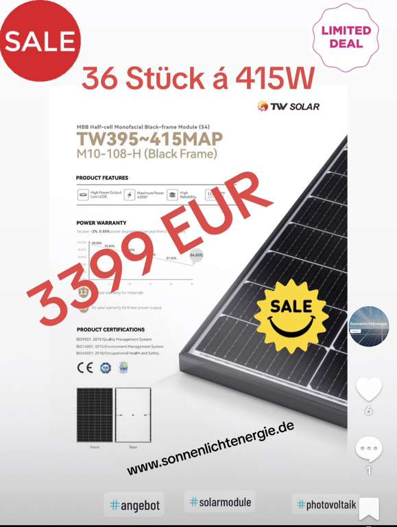 SolarModul TW Solar 415W 83,30 EUR / Stück