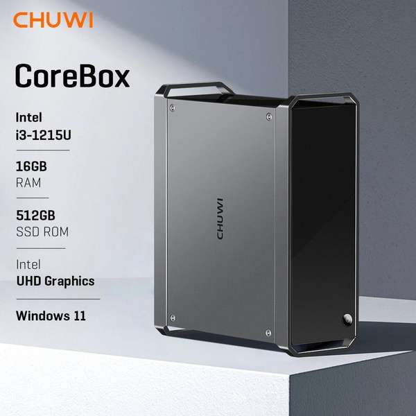 Chuwi CoreBox Mini PC 4. Gen (i3-1215U, 16GB LPDDR5 RAM, 512GB M.2 SSD, Platz für 2.5" SATA, HDMI 2.0 & DP, 4x USB-A 3.0, Wi-Fi 6, Gbit-LAN)