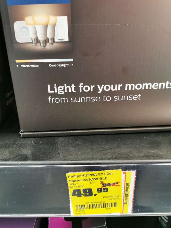 [lokal OBI Bremerhaven] Philips Hue White Ambiance LED-Lampe E27 3er Starter inkl. Dimmschalter