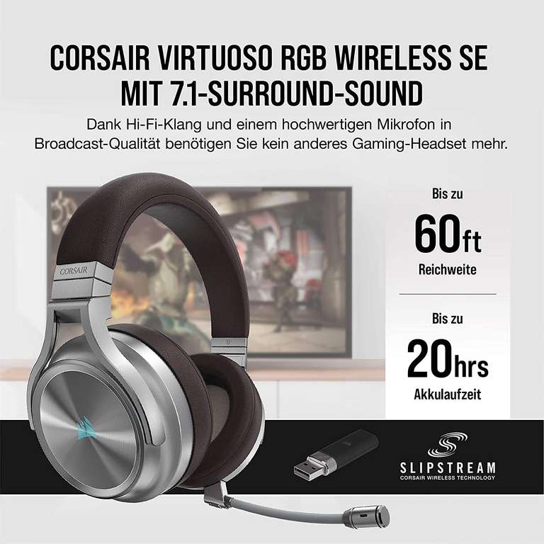 Corsair Virtuoso RGB Wireless SE Headset (Over-Ear, ~20h Akku, USB-A-Funkempfänger, Klinke optional, USB-C-Ladeanschluss, Virtual Surround)