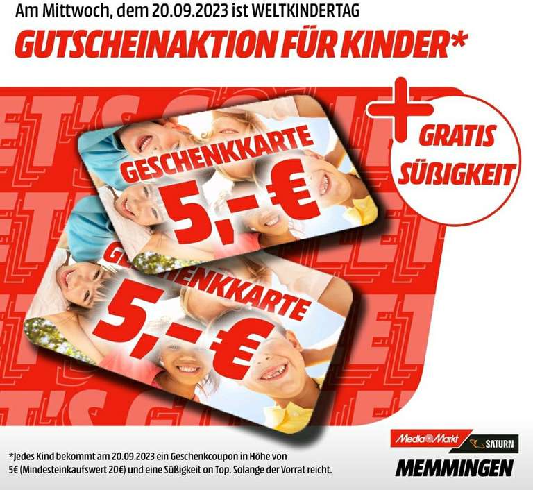 (Lokal Memmingen) 5 Euro Geschenkcoupon ab 20€ Einkaufswert bei Media Markt geschenkt (für Kinder)