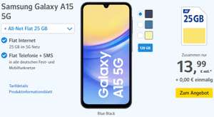 Samsung Galaxy A15 5G inkl. 25 GB (13,99€ monatlich / 0€ Einmalig) oder 17 GB (11,99€ monatlich / 19,99€ einmalig) web.de / GMX