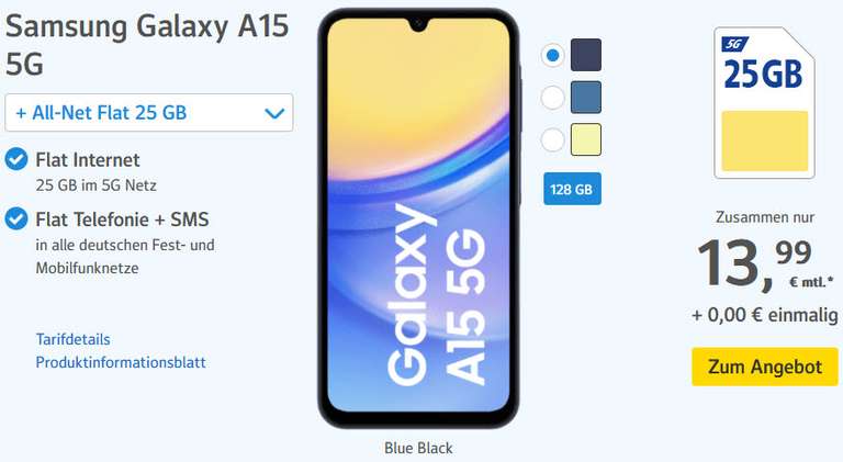Samsung Galaxy A15 5G inkl. 25 GB (13,99€ monatlich / 0€ Einmalig) oder 17 GB (11,99€ monatlich / 19,99€ einmalig) web.de / GMX