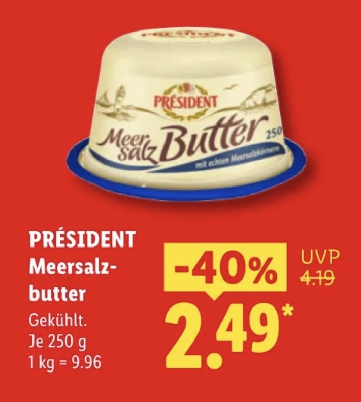Président Meersalzbutter 250 g für 2,49 € statt 4,19 € bei Lidl