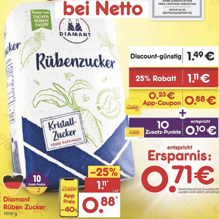 1kg Zucker für rechn. 78 Cent durch Deutschlandcard & App bei Netto