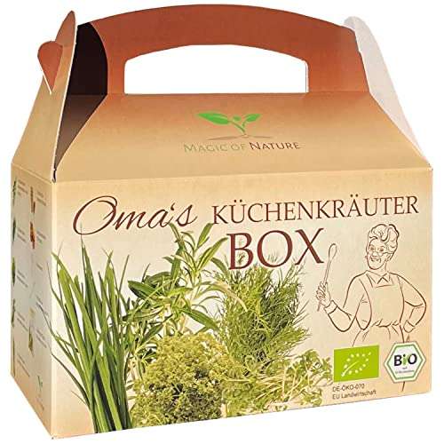 Oma`s Küchenkräuter Box - Anzuchtset - 5 Sorten frische BIO Kräuter Samen - Zum Selberzüchten oder zum Verschenken (Prime)
