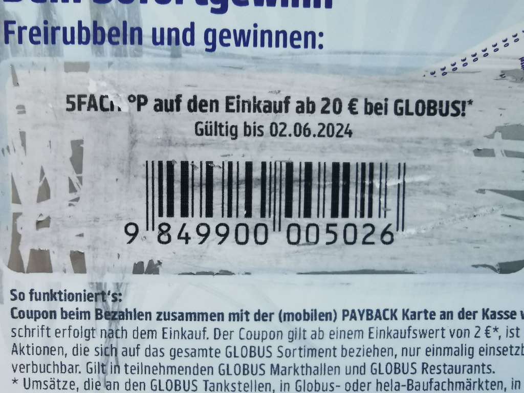 Payback Globus 5fach Punkte ab 20 Euro