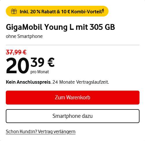 Vodafone Netz, Young GigaKombi: Allnet/SMS Flat 65GB 5G für 5,66€/Monat durch Cashback | Allnet/SMS Flat 305GB 5G für 12,06€/Monat