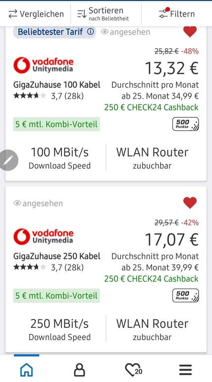 Vodafone Kabel (5€KOMBIVORTEIL) GigaZuhause 100mbit 13,32€/mtl : (250mbit 17,07€/mtl). Mit Modemrouter ab +2,99mtl