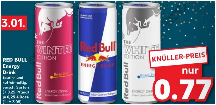 [Kaufland] Red Bull Energy Drink, verschiedene Sorten, je 0,25 Liter Dose, nur 77 Cent + Pfand, ab 27.12.2023