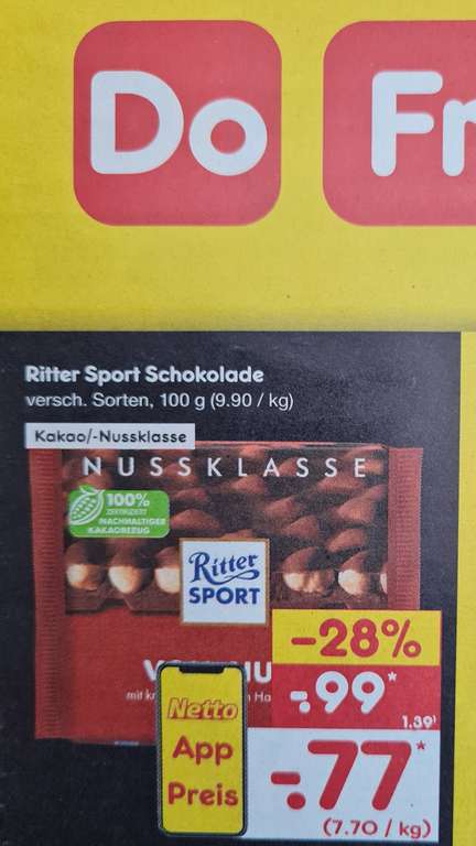 Ritter Sport Kakao/Nussklasse 100 g verschiedene Sorten mit der Netto MD App ab Donnerstag den 07.07