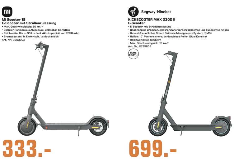 XIAOMI Mi Scooter 1S E-Scooter für 333€ o. Ninebot Max G30D II für 699€ [Lokal Münster Saturn]