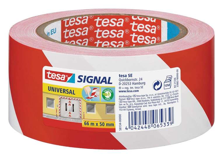tesa Signal Markierungsklebeband UNIVERSAL - selbstklebendes Warnband zur permanenten Markierung - 66 m x 50 mm - Rot / Weiß (Prime)