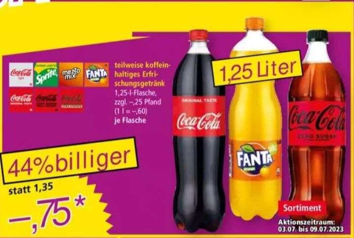 Norma ab 03.07.23: 1,25l Flasche (Literpreis 60 Cent) Coca-Cola/Zero , Fanta, Mezzo-Mix oder Sprite