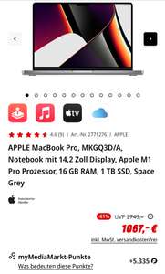 APPLE MacBook Pro, MKGQ3D/A, Notebook mit 14,2 Zoll Display, Apple M1 Pro Prozessor, 16 GB RAM, 1 TB SSD, Space Grey