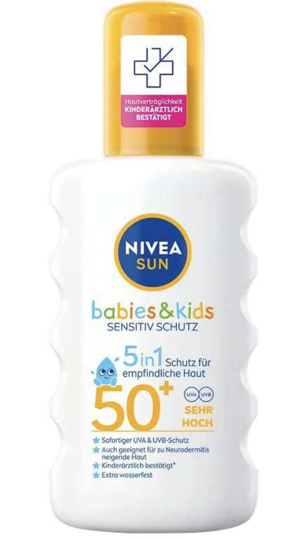 [Sparabo] NIVEA SUN Babies & Kids Sensitiv LSF 50+ (200 ml), extra wasserfestes Sonnencreme Spray für Kinder, Sonnenmilch Spray ohne Parfum