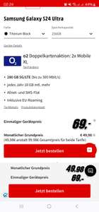 Samsung Galaxy S24 Ultra 256 GB im Allnet/SMS Flat 280GB 5G 49,98/Monat o2 Doppelkartenaktion: 2x Mobile XL
