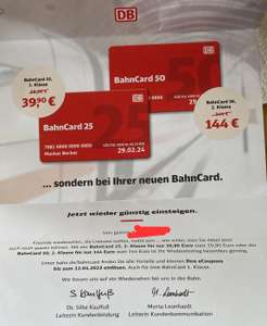 Deutsche Bahn (personalisiert) wieder da - 1 Jahr BahnCard 25 für 39,90€ (Kündigung notwendig)