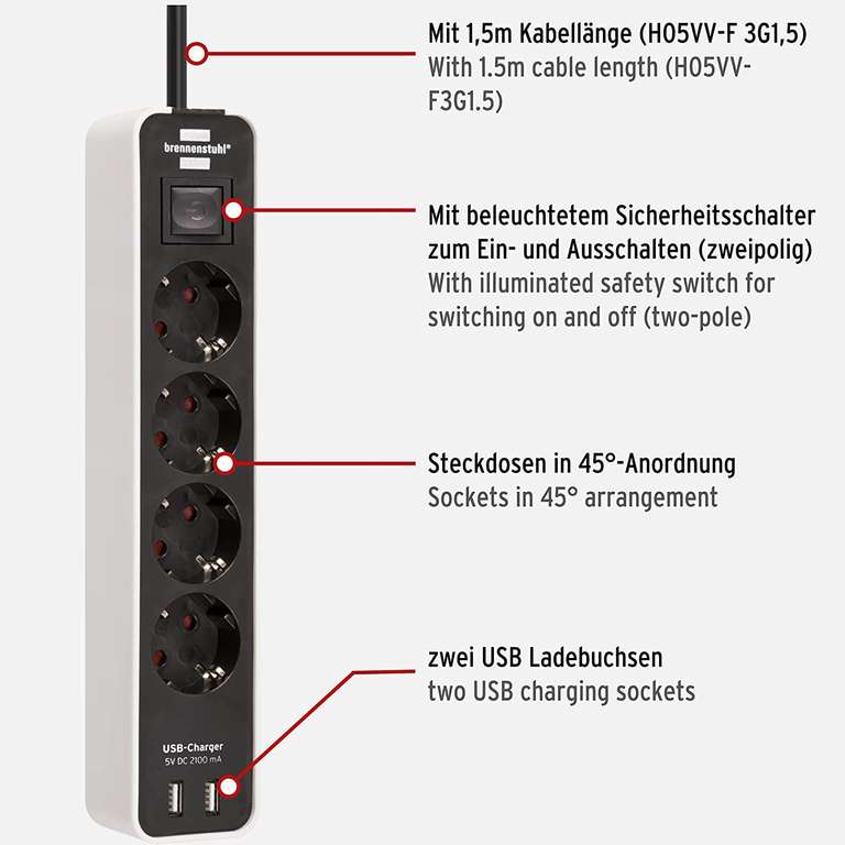 Brennenstuhl 4-Fach Steckdosenleiste Ecolor, 2 x USB, Schalter, 1,5m Kabel (Prime)