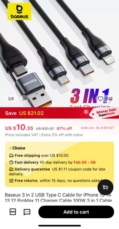 Baseus 3 in 2 USB Type C/A 100W Ladekabel