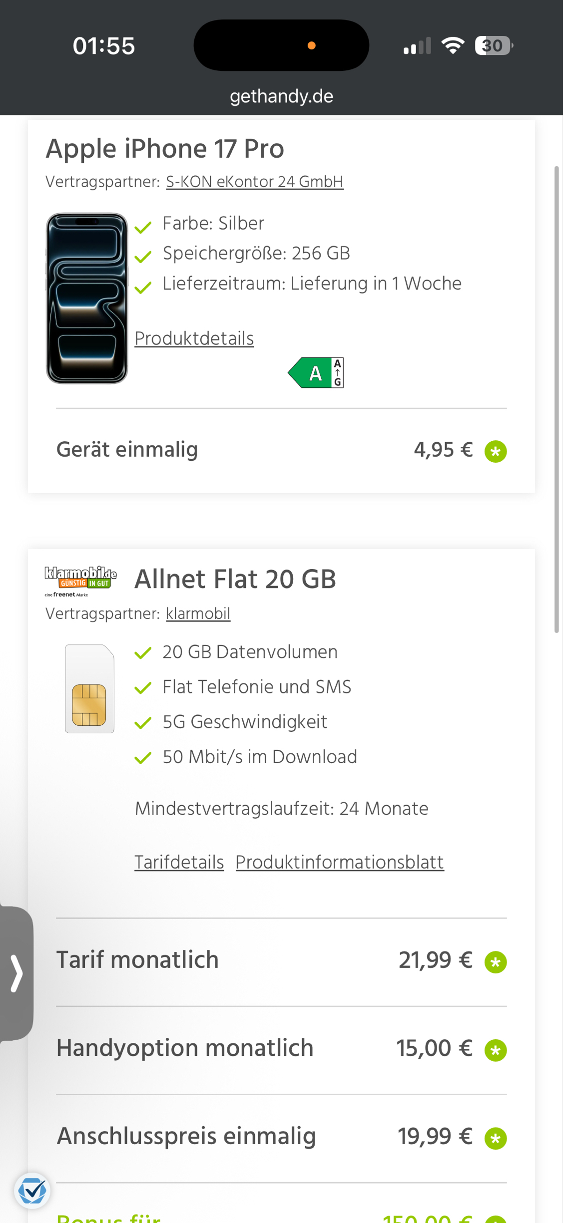 [CB] iPhone 17 Pro 256GB im Vertrag für 762,70€ mit Rufnummermitnahme | Allnet Flat 20GB | 50Mbit/s