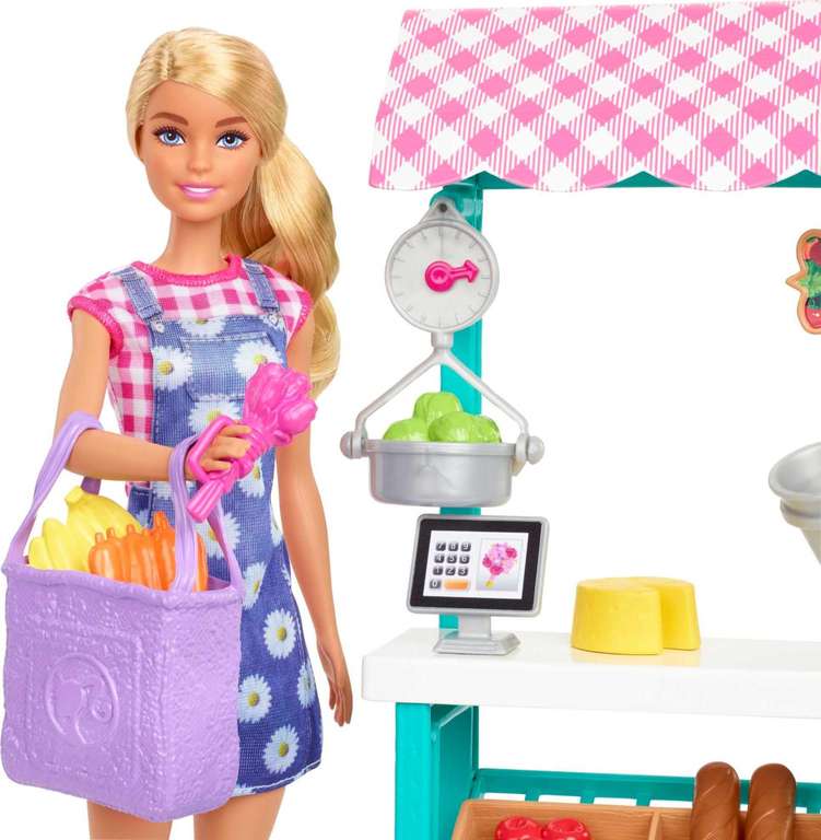 Barbie HCN22 - Spaß auf dem Bauernhof Bauernmarkt Spielset mit Puppe (Blonde Haare), Markt-Stand mit Obst, Gemüse und Kasse [Prime]