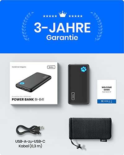 [Amazon Prime] INIU Power Bank, Ultra Slim 10000mAh Powerbank, 1x USB-C, 2x USB-A, Taschenlampe