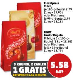 [Penny] Lindt Lindor Kugeln - 3 für 2 Aktion - also 3 Beutel für 5,58 € (entspricht 1,86 € je Beutel), ab Donnerstag 09.03.2023