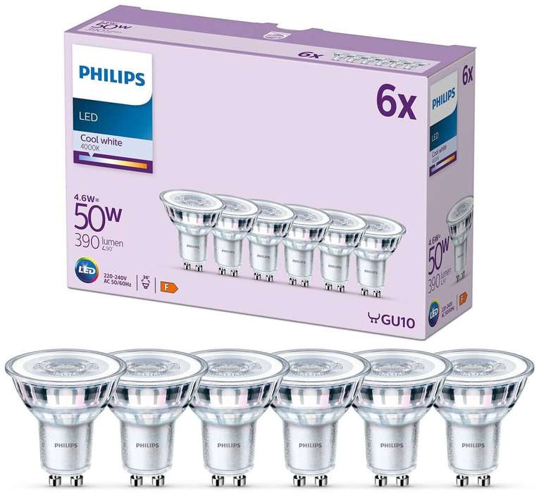 [Prime] 6er Pack Philips LED Classic GU10 WarmGlow (dimmbar) oder neutralweiß (nicht dimmbar) Lampe, 50 W, Reflektor [Energieklasse F]