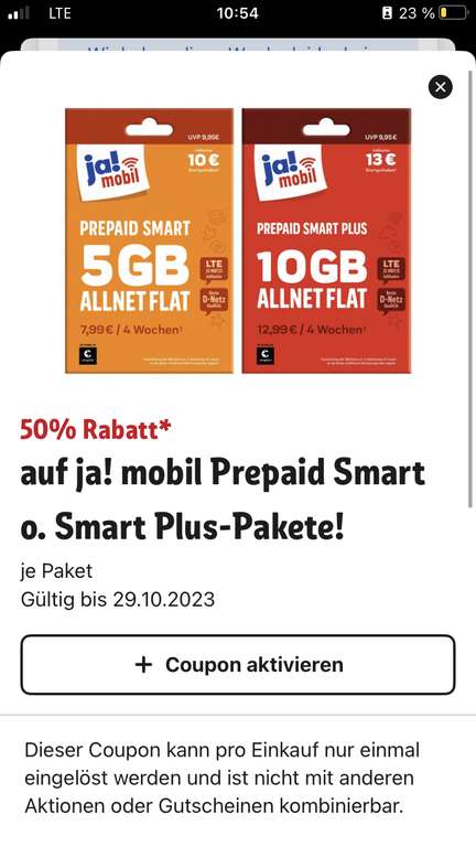 [Rewe App] 50% Rabatt auf ja! Mobil Prepaid Smart o. Smart Plus-Pakete