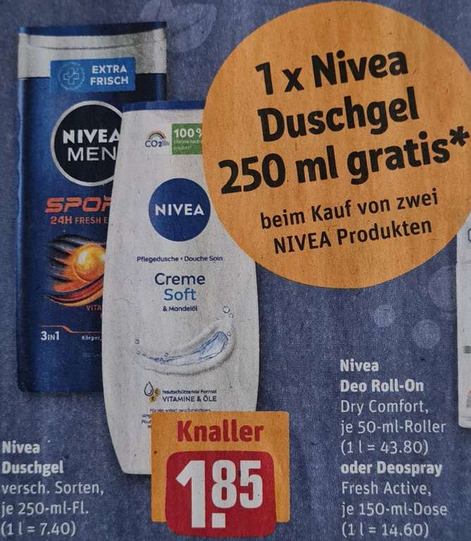 [Rewe + Nivea] 2 Nivea Produkte aus dem Deo-, Dusche-, oder Haarsortiment kaufen & 1 Nivea Duschgel 250 ml Gratis erhalten