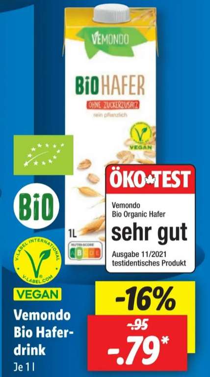 Vemondo Bio Hafer rein pflanzlich, ohne Zuckerzusatz 1L Packung für 0,79€