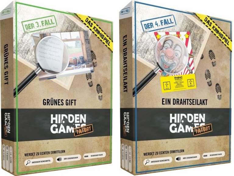 [Kundenkarte] Hidden Games Tatort - Grünes Gift (Fall 3, BGG 8,3) oder Ein Drahtseilakt (Fall 4, BGG 8,1) | Gesellschaftsspiele