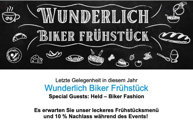 [Harley / BMW] Wunderlich Biker-Frühstück mit Held: 10% Rabatt + Gratis Kaffee am 22.10. (Vorankündigung)