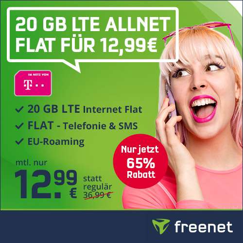 [Telekom-Netz] 20GB green LTE Tarif von freenet Mobilfunk für mtl. 12,99€ mit VoLTE, WLAN Call, Allnet- & SMS-Flat + 9,99€ AG