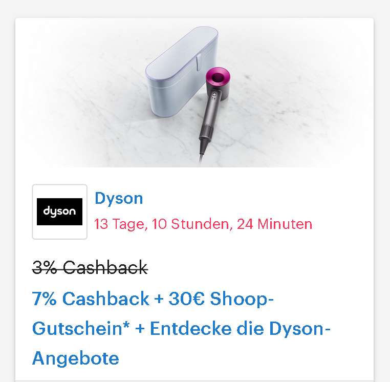 [Dyson + Shoop] 7% Cashback + 30€ Shoop-Gutschein* + Entdecke die Dyson-Angebote