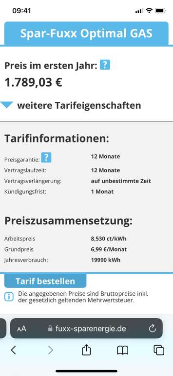 Gastarif 8,53 Cent/kWh und 6,99 Euro Grundgebühr