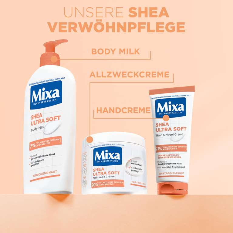 (Sammeldeal) Mixa z.B. Shea nährende Creme, für Gesicht, Körper & Hände, Shea Ultra Soft, 400ml (4,21€ möglich) (Prime Spar-Abo)