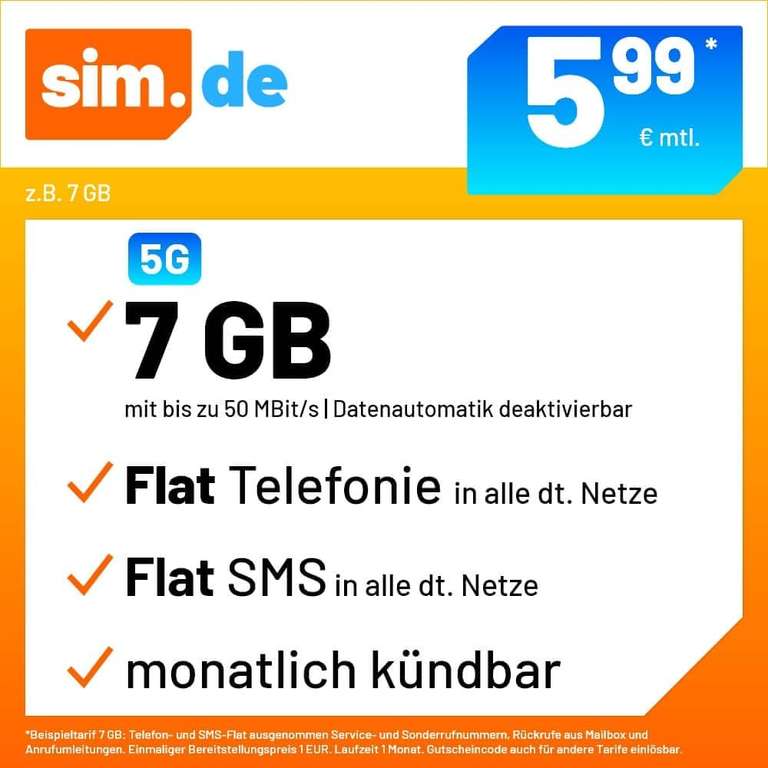 sim.de / handyvertrag.de | 17 GB 5G LTE +Allnet+SMS-Flat+VoLTE&WLAN Call für 7,99€ / nur 6,15€ Anschlussgebühr | 5GB - 4,99€ | 7GB - 5,99€