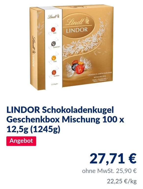 Metro: 1,245kg 'Lindor' gratis Zugabe ab 199€ Netto Einkaufswert am 02.12.23