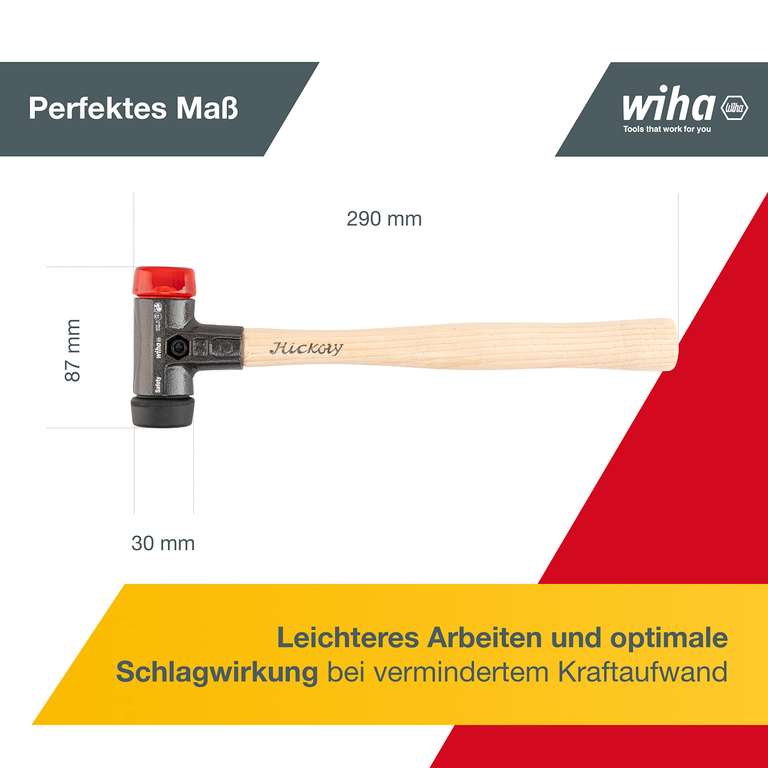 Wiha Schonhammer Safety mittelweich und hart (26611) I Gummihammer mit hochwertigem Hickory Holzstiel I Rund-Schlagkopf 30mm