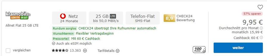 | Auszahlung/Bonus 50Mbit/s 25GB + Netz: / durch Vodafone Tarif für 9,96€/M Allnet/SMS/VoLTE/WIFI-Call/e-SIM LTE mydealz Klarmobil