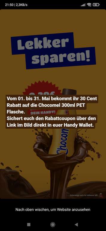 0,30€ Rabatt Coupon für Chocomel 300ml PET als Wallet-Coupon zum Vorzeigen auf dem Smartphone bis 31.05.2023