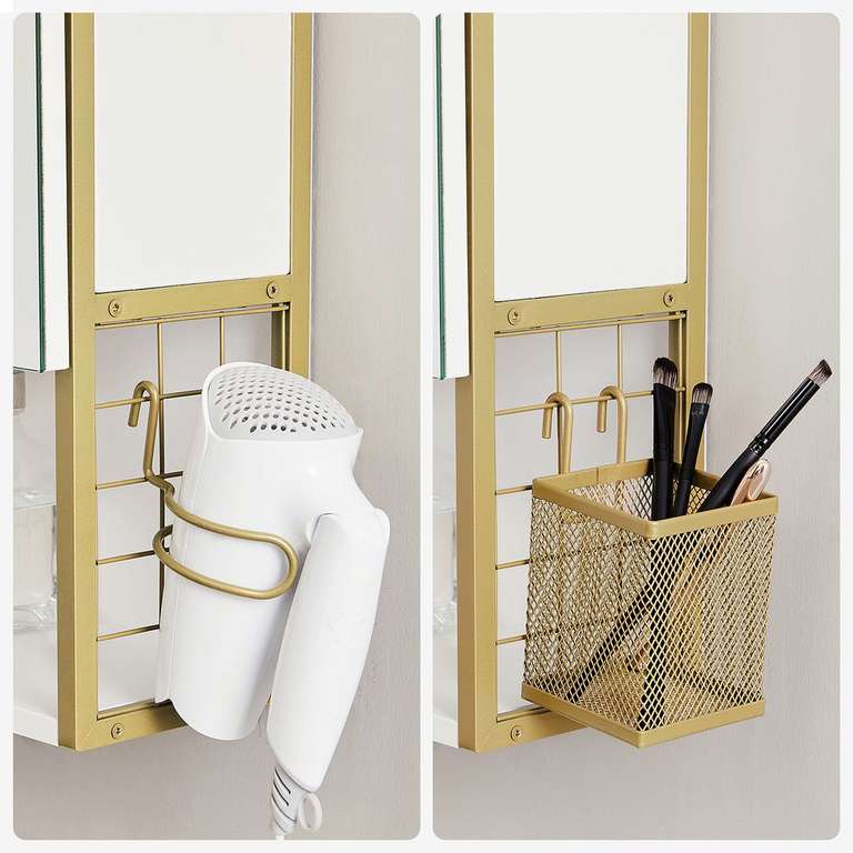 VASAGLE Spiegelschrank mit Beleuchtung in Weiß/Gold | inkl. Aufbewahrungskorb & Haartrockner-Halter | 70 x 14,5 x 70 cm (L x B x H)
