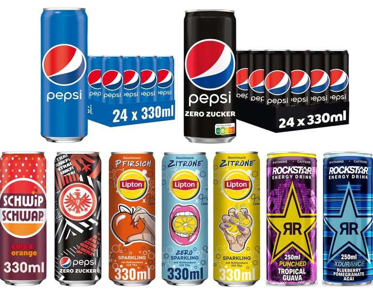 Getränke Sammeldeal, z.B. Pepsi Cola oder Cola Zero 24 x 0.33 l Dosen  (zzgl. 6€ Einwegpfand), weitere: Lipton & Rockstar [Prime Spar-Abo]