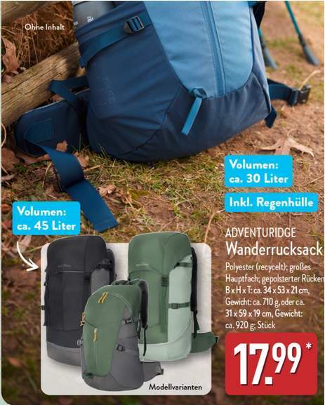 Aldi Suisse Kleiner Rucksack Aldi ADVENTURIDGE Touren-Rucksack 30l 45l Fr  9,99 Bei ALDI SD Mydealz