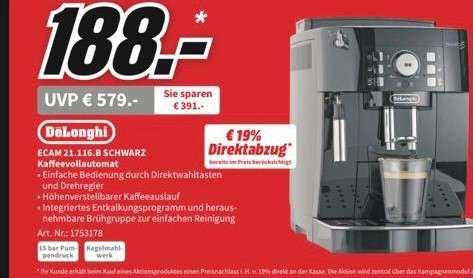 [Lokal](Media Markt Bergisch Gladbach) Kaffeevollautomat De'Longhi ECAM 21.116.B Magnifica S schwarz für 188€